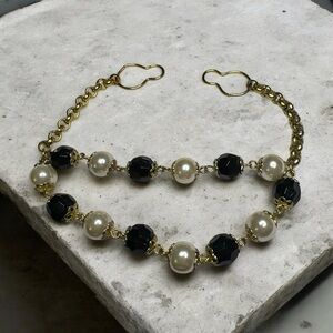Vintage 1950’s Sweater Guard  Pearl & Black Beads Gold Tone Chain